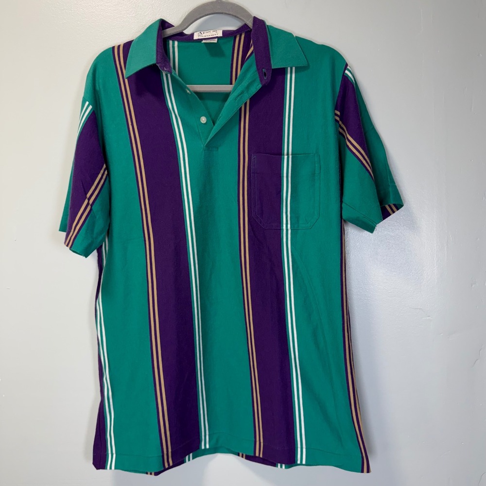 VTG Arrow Tournament Mens Green Purple Striped Short Sleeve Polo Shirt Medium